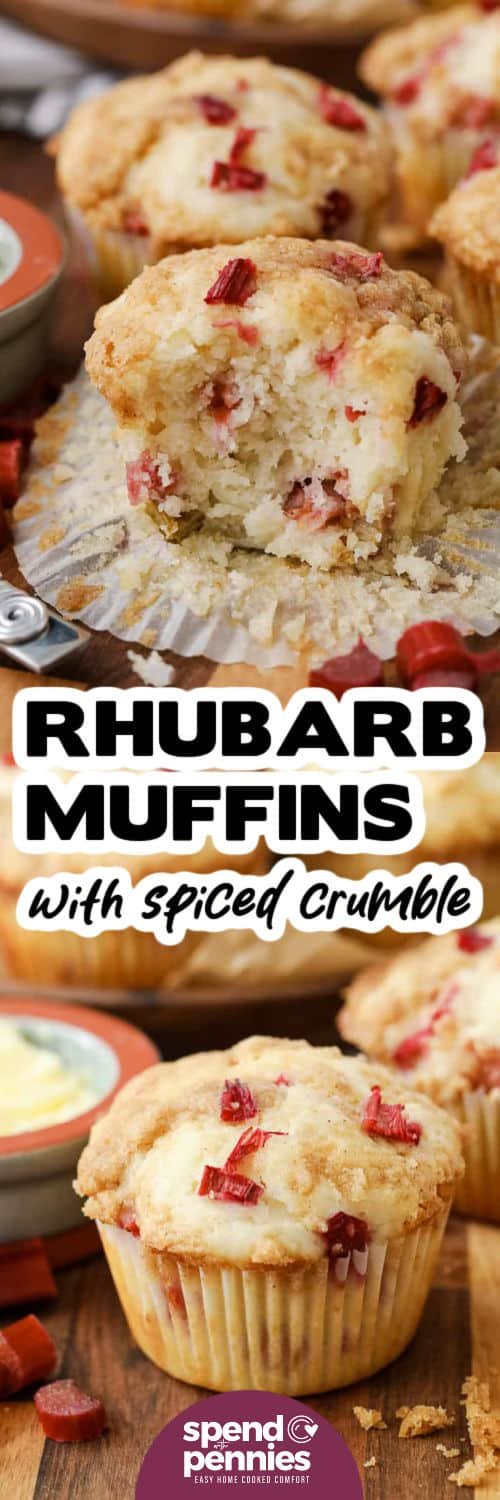 plated Rhubarb Muffins and close up of one with a bite taken out and a title